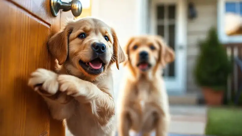Un cachorro juguetón araña la puerta